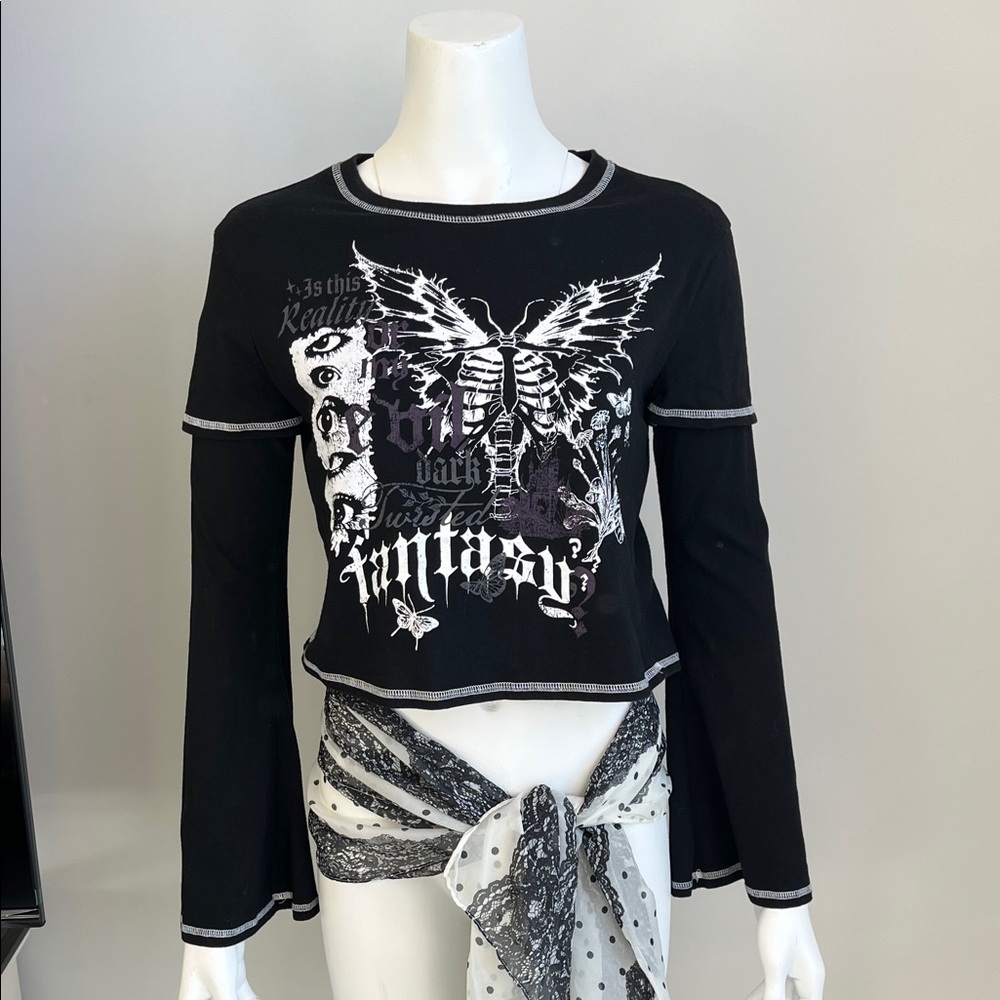 Social Collision Butterfly Bell Sleeve Girls Twofer Top